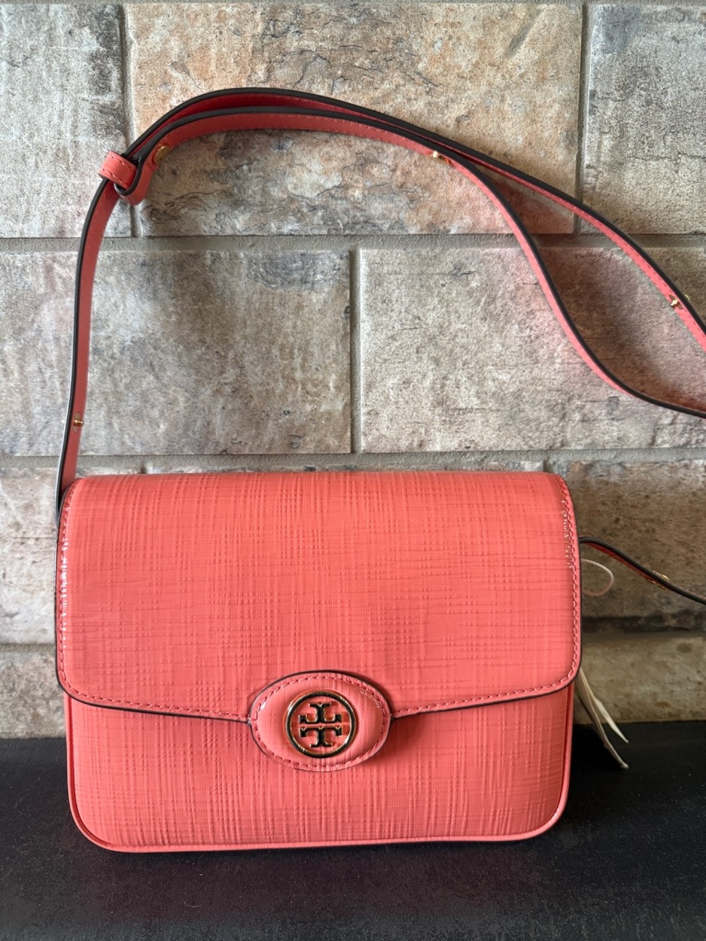 Tory Burch Robinson Crosshatched Convertible Coral  Bag with Logo Turn-Lock